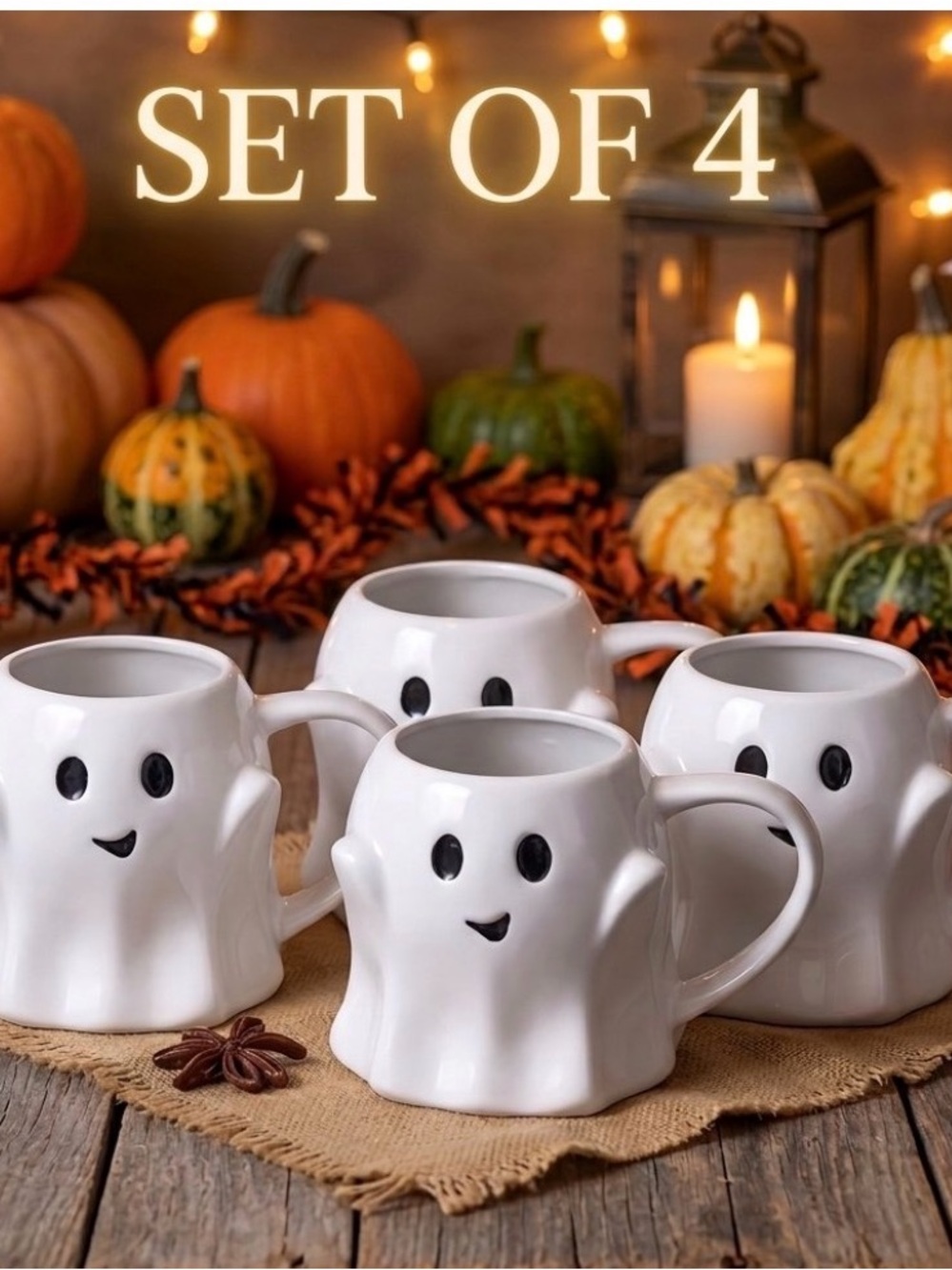 NWT Ceramic Ghost Coffee Mug Set of 4 - Cute Halloween Decor